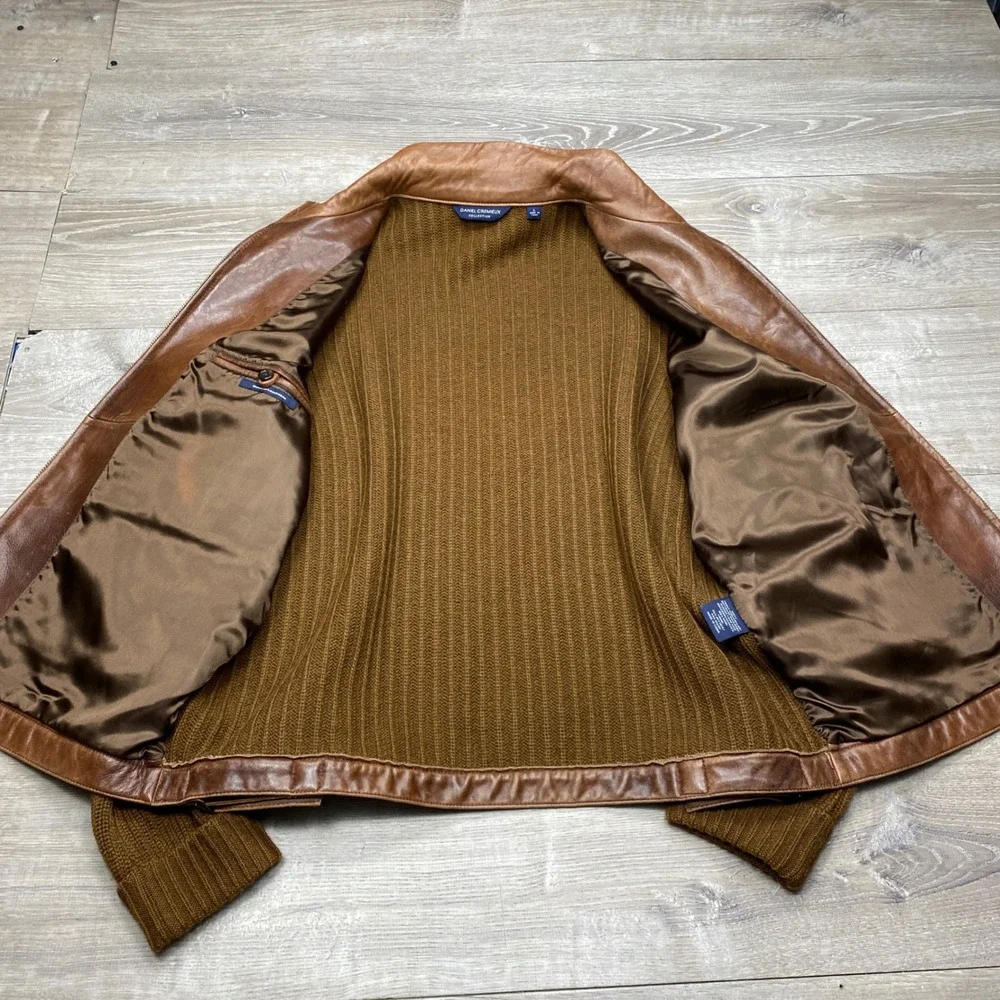 Daniel Cremieux Jacket Mens Large Brown Lambskin Leather Wool Knit Hybrid Bomber